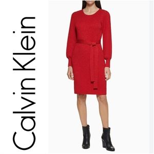 Calvin Klein Long Puff Sleeve Shimmer Ribbed Knit Jewel Neck Red Dress S…